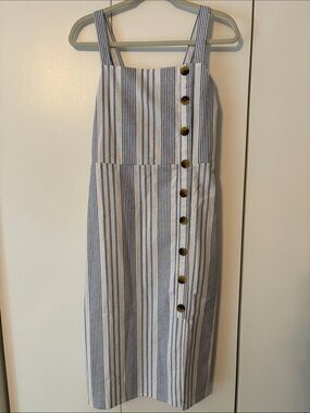 Robert Louis Blue and White Striped Midi Dress with Button Detail